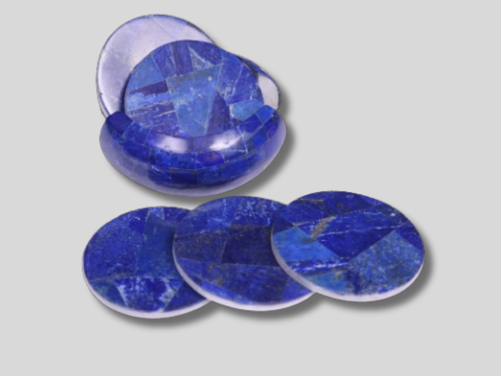 Luxurious Collection Of Marble Coaster Set Inlay Random Lapis Stone Handmade Art